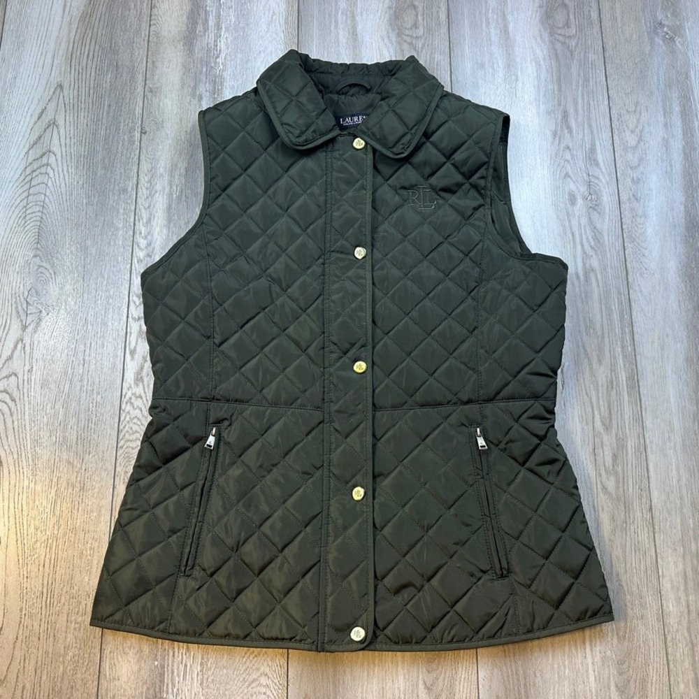 Lauren Ralph Lauren Vest Womens Medium Green Royal Diamond Quilted Puffy